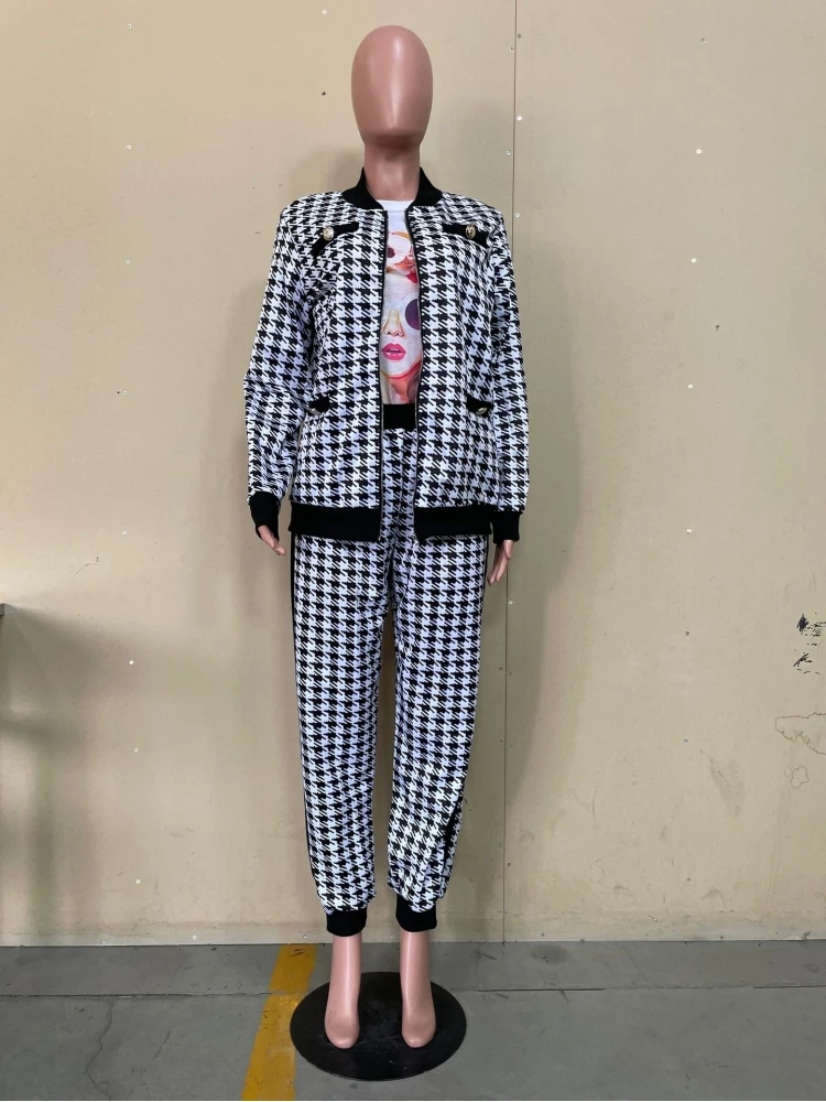 Women Houndstooth Matching 2 Piece Outfit Sets - Image 5