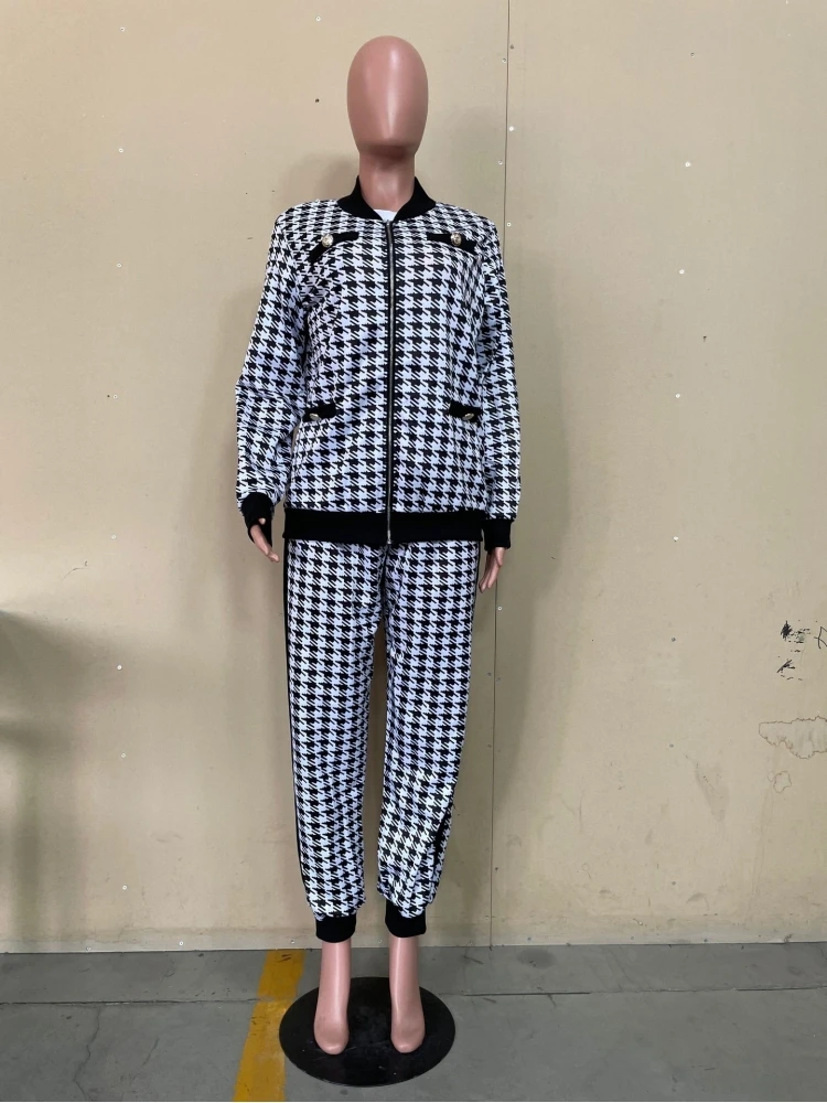 Women Houndstooth Matching 2 Piece Outfit Sets - Image 6