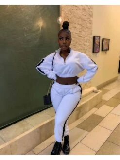 Casual Contrast Color Zipper Women's Trouser Set