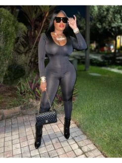 Ruched Skinny Long Sleeve Black Jumpsuits For Women