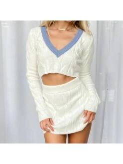 V Neck Crop Top And Skirt Women's Set