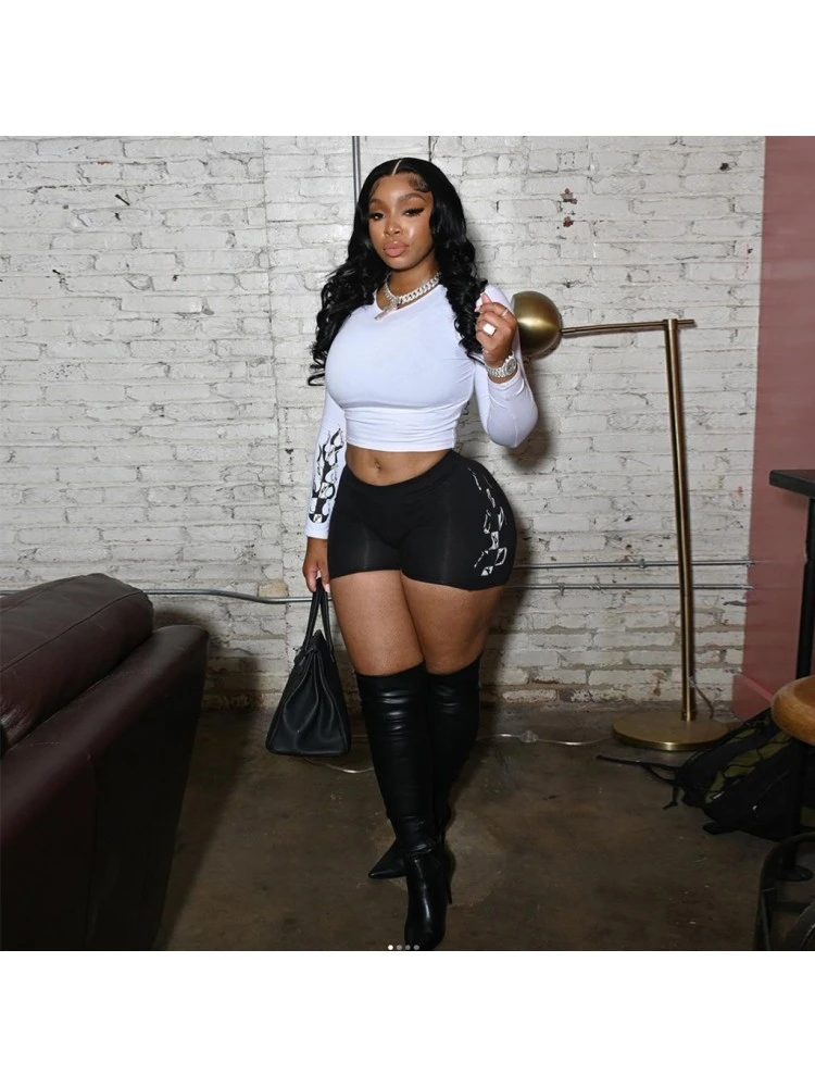 Fitted Printing Crop Top And Shorts Women's Sets - Image 2