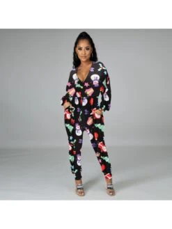 Deep V Pocket Printing Christmas Women's Jumpsuits