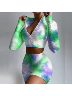 Tie Dye Jogger Cropped Long Sleeve Top And Short Sets