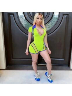 V Neck Patchwork See Through Short Sleeve Rompers