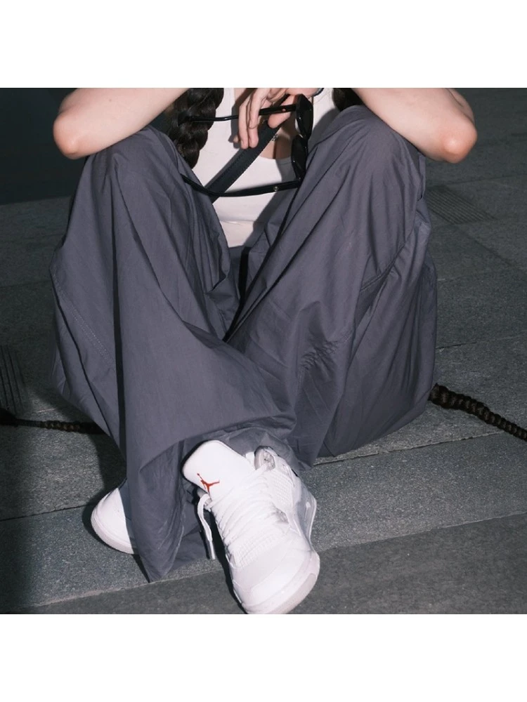 Casual Simple Gray Drawstring Loose Woven Pants - Image 3