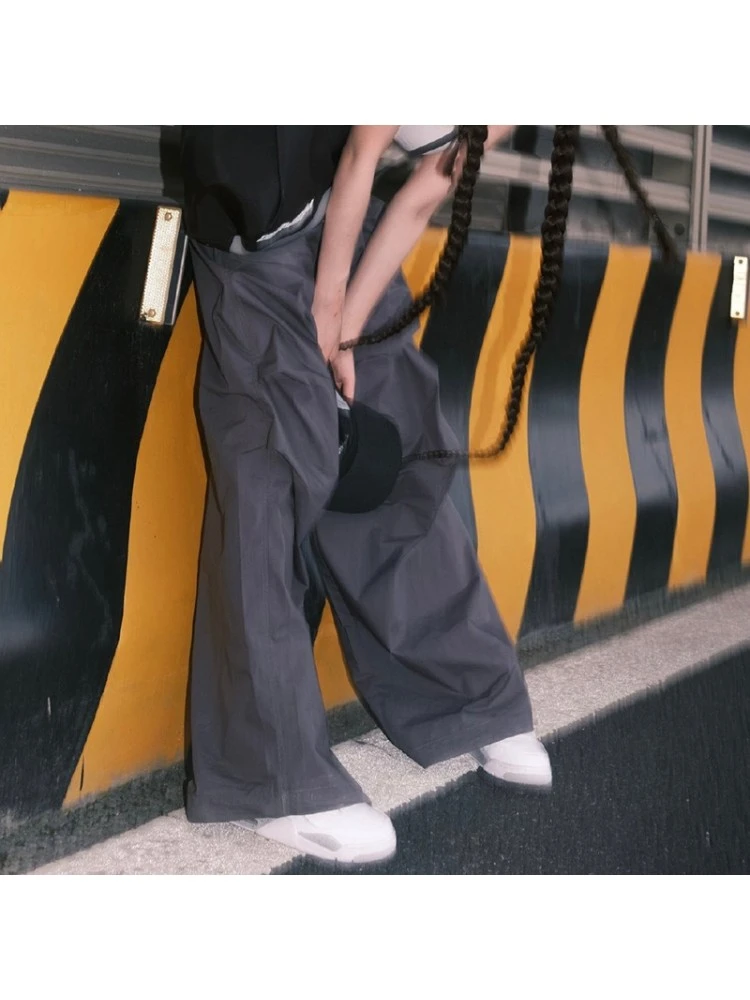 Casual Simple Gray Drawstring Loose Woven Pants - Image 4