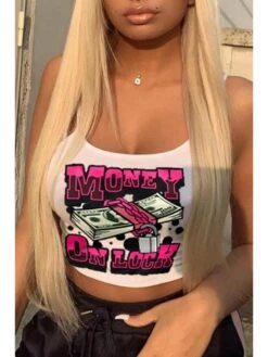 Money Graphic White Cropped Camisole Tops