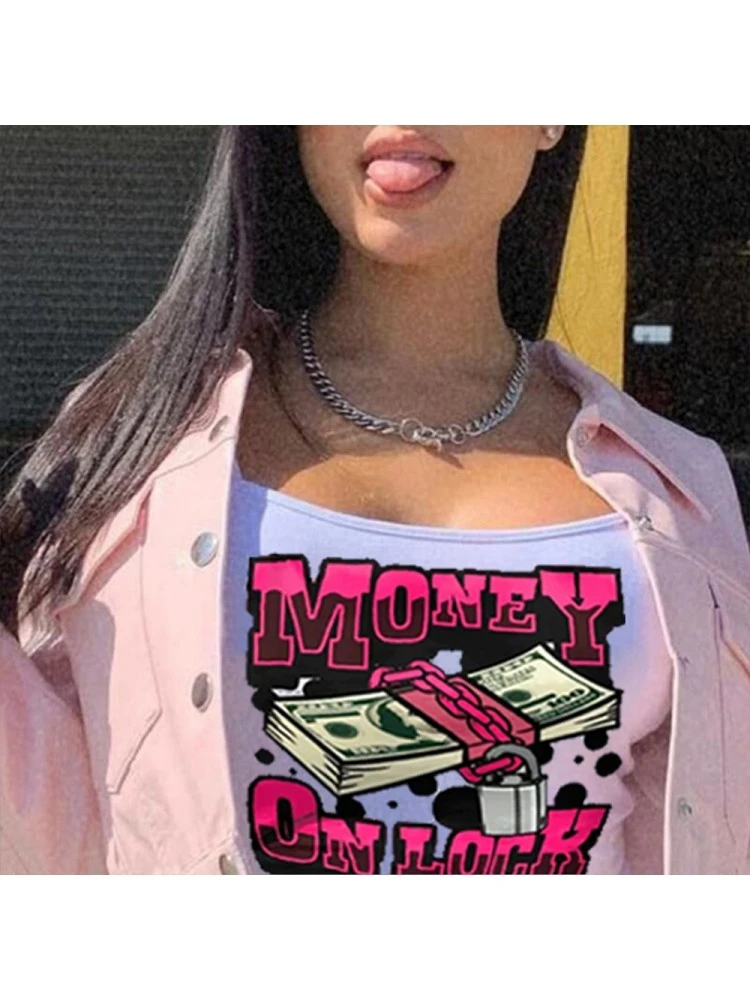 Money Graphic White Cropped Camisole Tops - Image 3