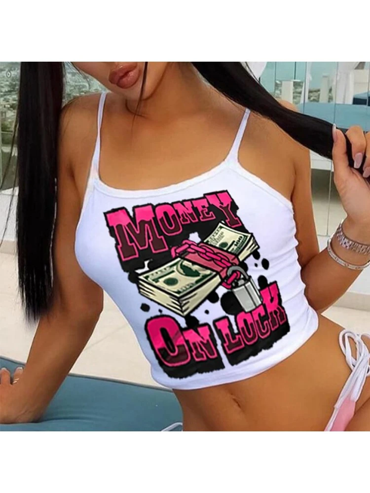 Money Graphic White Cropped Camisole Tops - Image 4