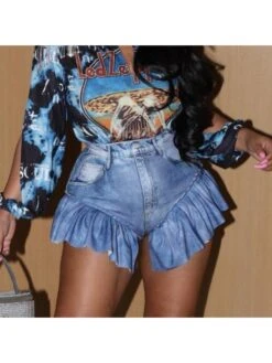 Pleated Ruffled Patchwork Blue Shorts For Women