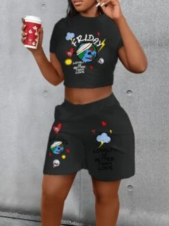 2023 Printed Casual Short Sleeve Two-Piece Shorts Set