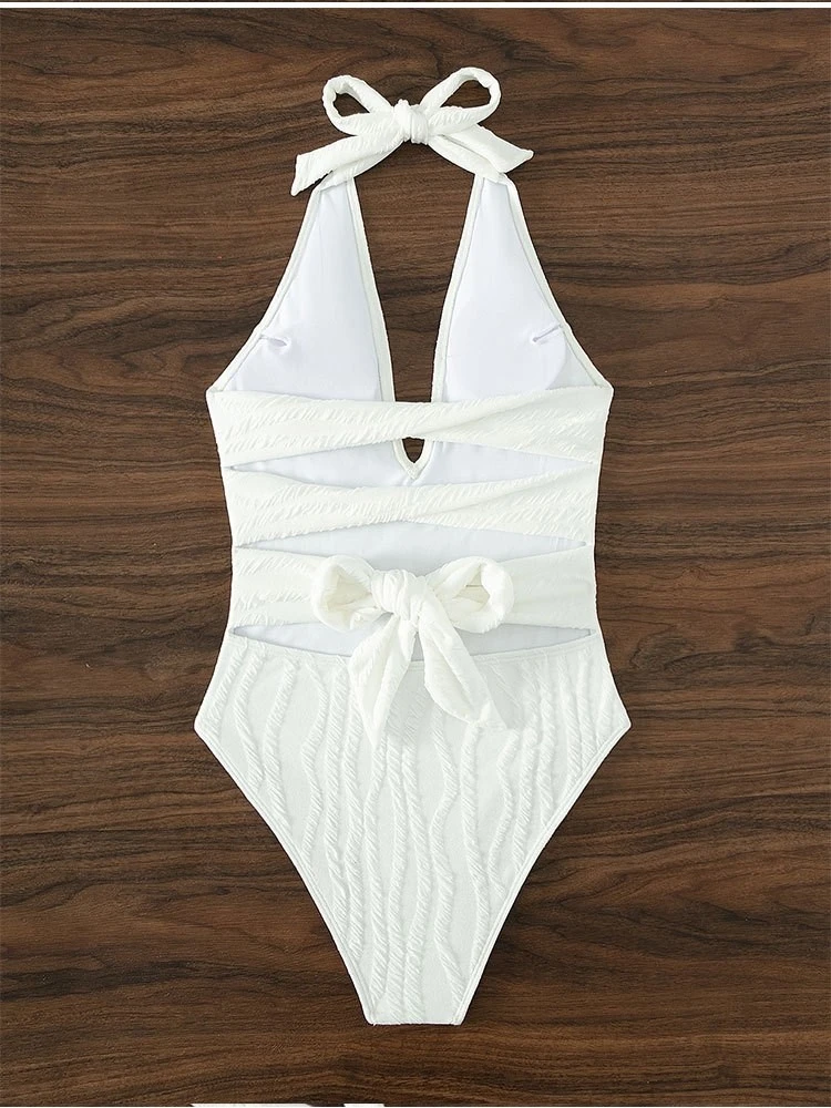 Sexy Halter Backless White One-pieces Swimsuit - Image 4