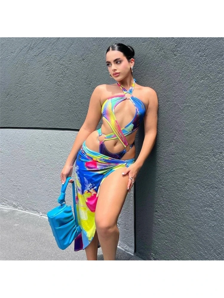 Sexy Tie Dyed Hollow Out Sleeveless Swimsuit Set