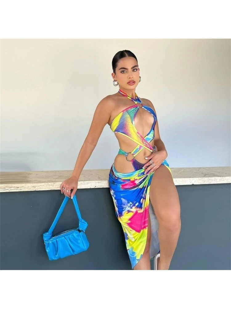 Sexy Tie Dyed Hollow Out Sleeveless Swimsuit Set - Image 2