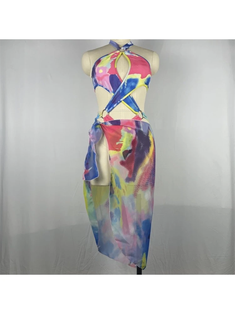 Sexy Tie Dyed Hollow Out Sleeveless Swimsuit Set - Image 5