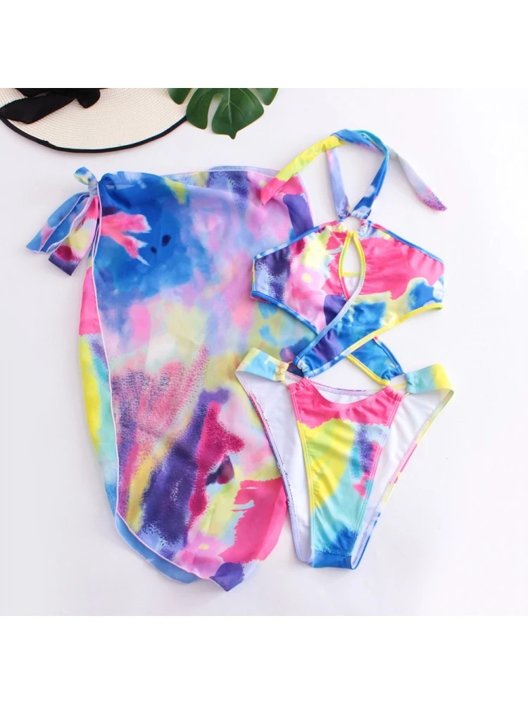 Sexy Tie Dyed Hollow Out Sleeveless Swimsuit Set - Image 8
