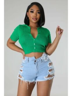 Summer Ripped Hole Light Blue Denim Shorts For Women