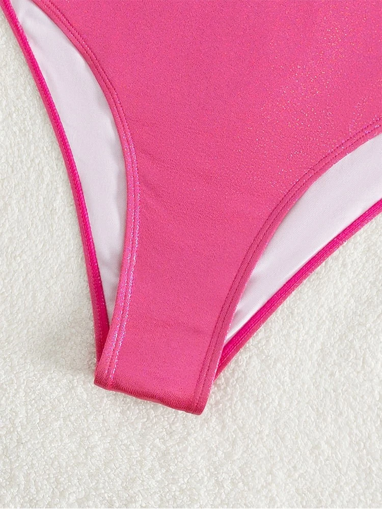 Pink Inclined Shoulder One Piece Swimsuits - Image 6