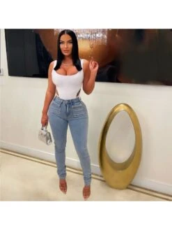 Fashion Faux Pearl Ripped Slim Jeans