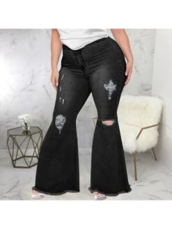 Plus Size Ripped Denim Wide Leg Pants