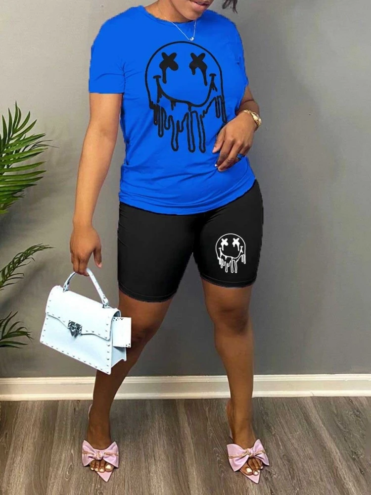 Smiley Printed Short Sleeve 2pc Shorts Sets