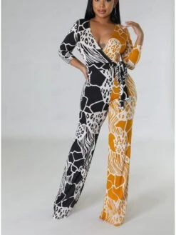 Casual Contrast Color Printing Jumpsuit Women