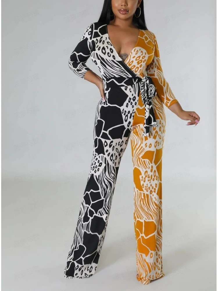 Casual Contrast Color Printing Jumpsuit Women - Image 2