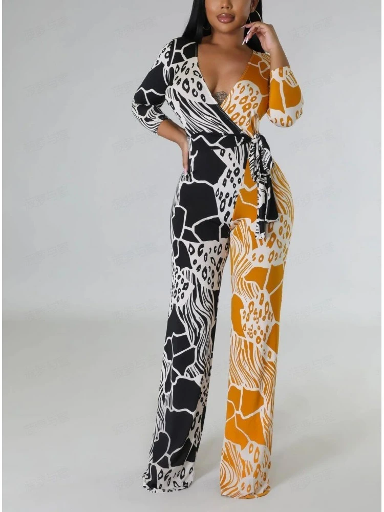 Casual Contrast Color Printing Jumpsuit Women - Image 3