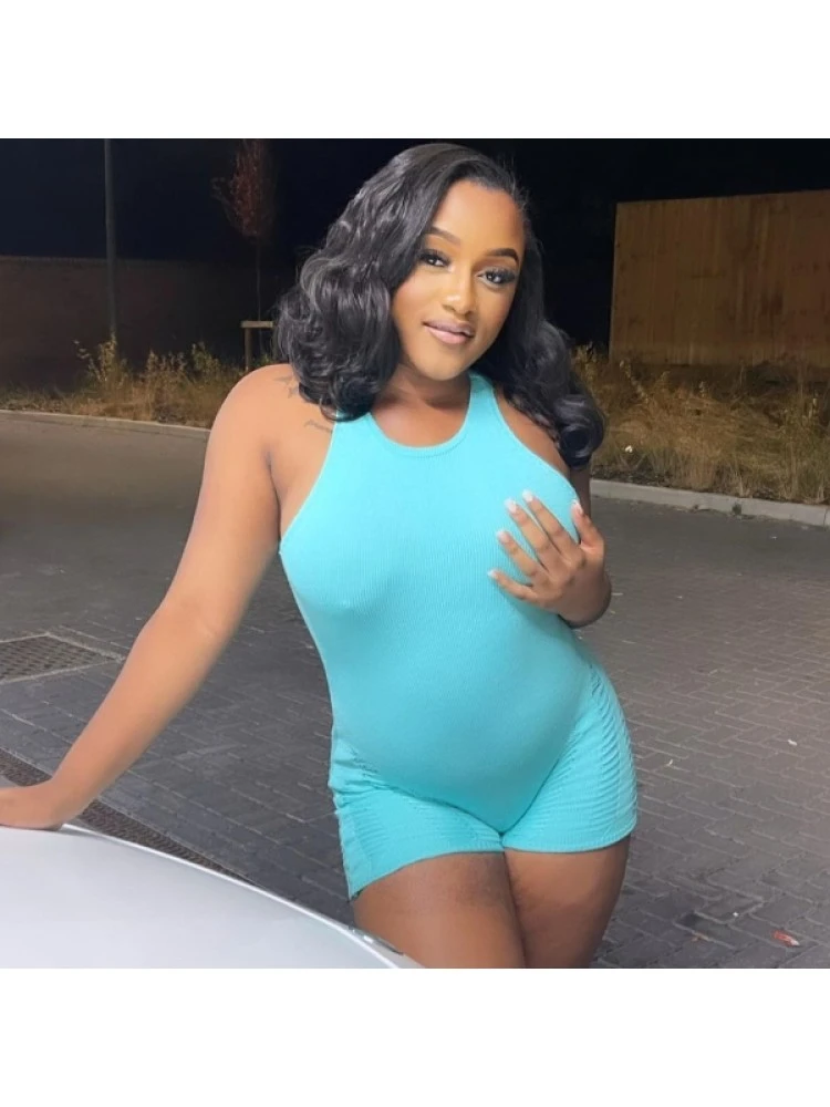 Blue Knitting Solid Backless Romper - Image 8