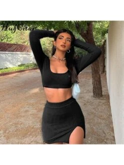 Women's Sexy Pure Color Long Sleeve Rib Skirt Suit