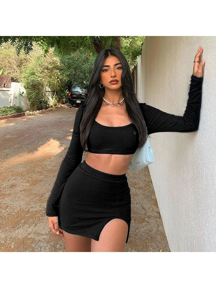 Women's Sexy Pure Color Long Sleeve Rib Skirt Suit - Image 2