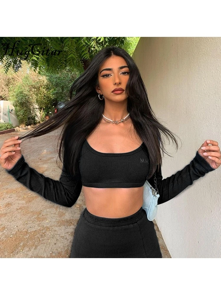 Women's Sexy Pure Color Long Sleeve Rib Skirt Suit - Image 4