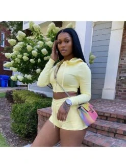 Sports Hooded Long Sleeve 2pc Shorts Sets