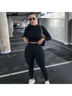 Women's Solid Long Sleeve Causal Sports 2Pc Sets