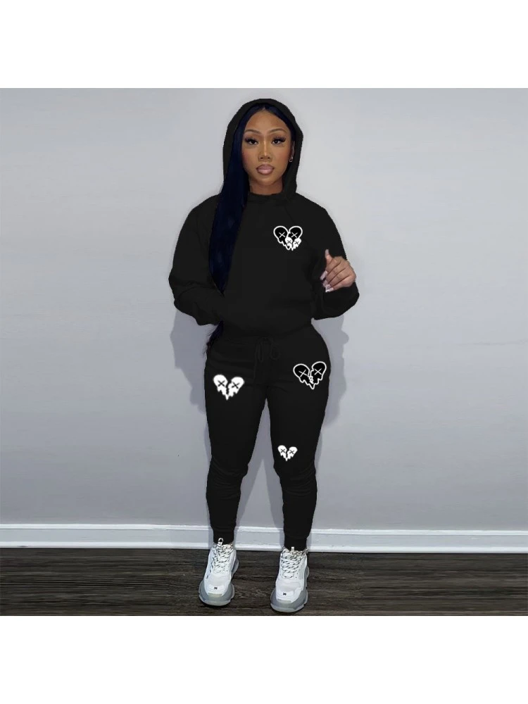 Printed Hooded Sweatshirt Two Piece Set