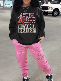 Letter Printed Round Neck Sweatshirt And Sweatpants Set