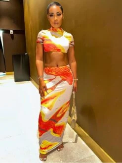 Fall Sexy Printing Crop Tee 2pc Skirts Sets