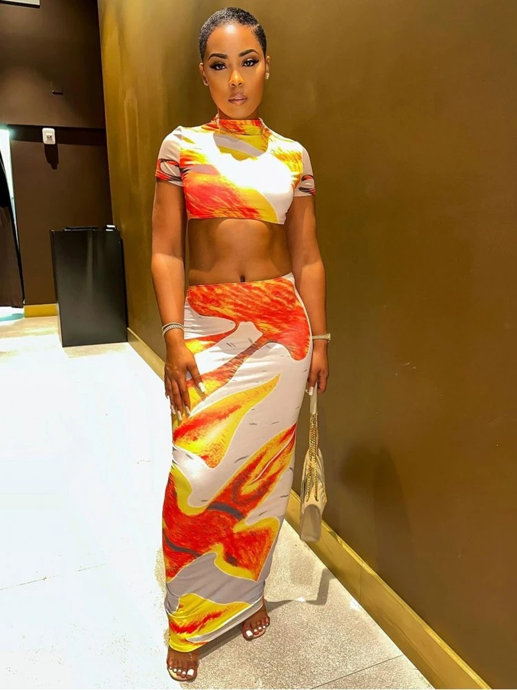 Fall Sexy Printing Crop Tee 2pc Skirts Sets