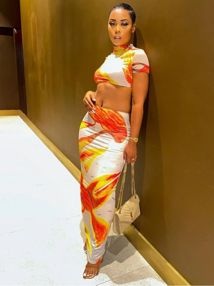 Fall Sexy Printing Crop Tee 2pc Skirts Sets - Image 2