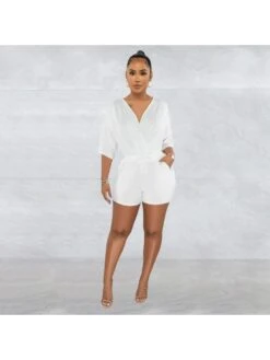 Solid Color V Neck Short Sleeve Jumpsuit