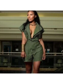 Plain-colored Lapel Sleeveless Jumpsuit Shorts