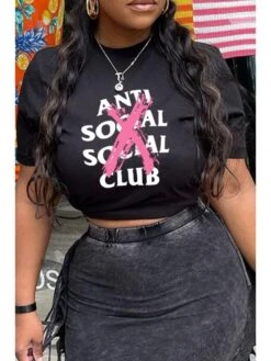 Letter Printed Round Neck Short Sleeve T-shirt