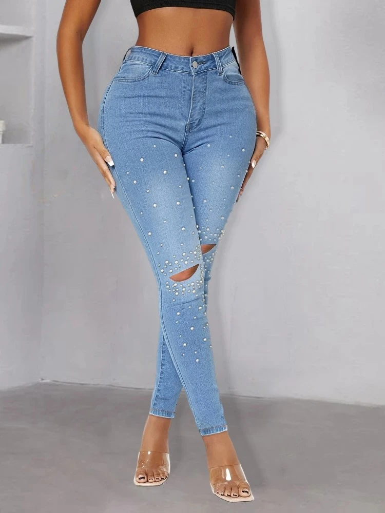 Faux Pearl Rivet Pure Color Ripped Skinny Jeans - Image 2