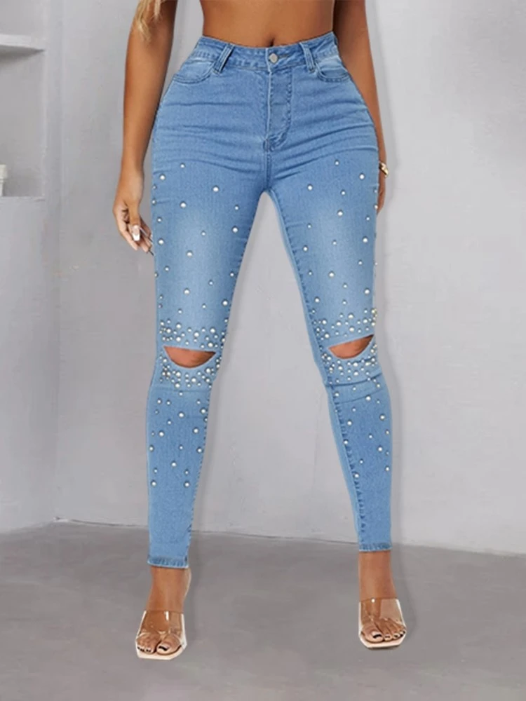 Faux Pearl Rivet Pure Color Ripped Skinny Jeans - Image 3