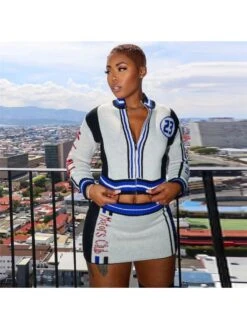 Embroidery Knitting Colorblock Skirt Set