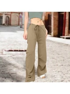 Mid-rise Loose Solid Lace Up Pants