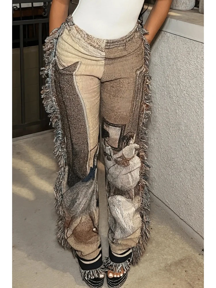 Fringe Velvet Printed Straight Pants
