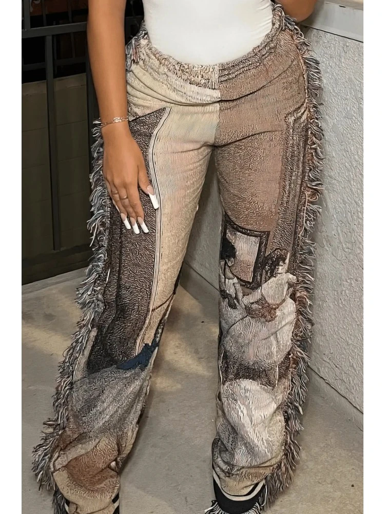 Fringe Velvet Printed Straight Pants - Image 3