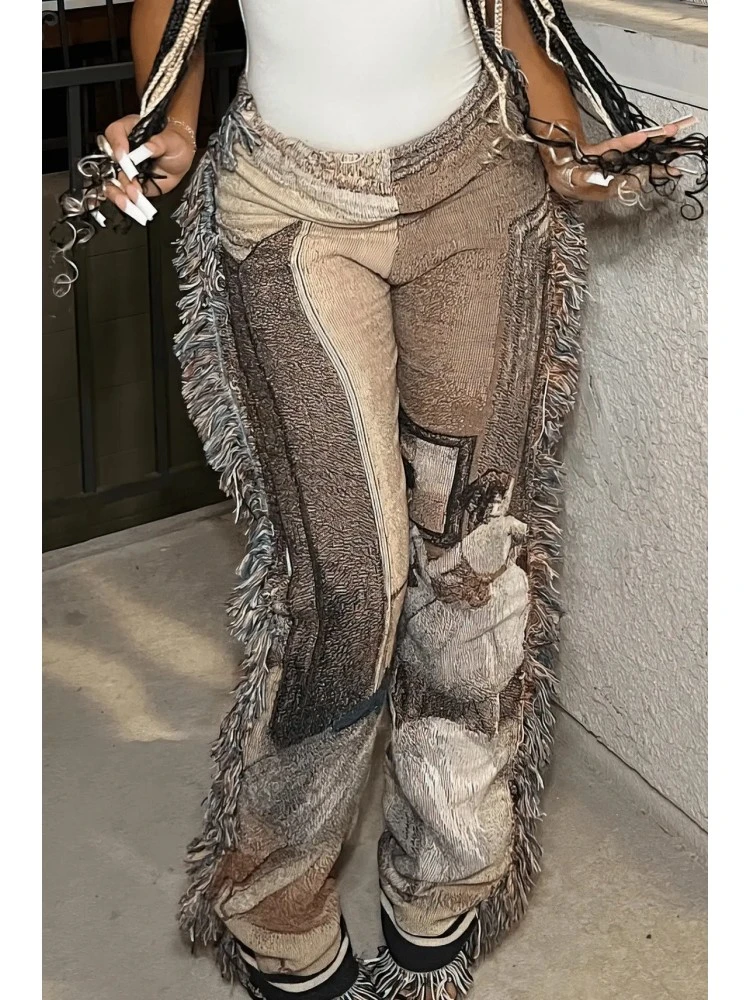 Fringe Velvet Printed Straight Pants - Image 4